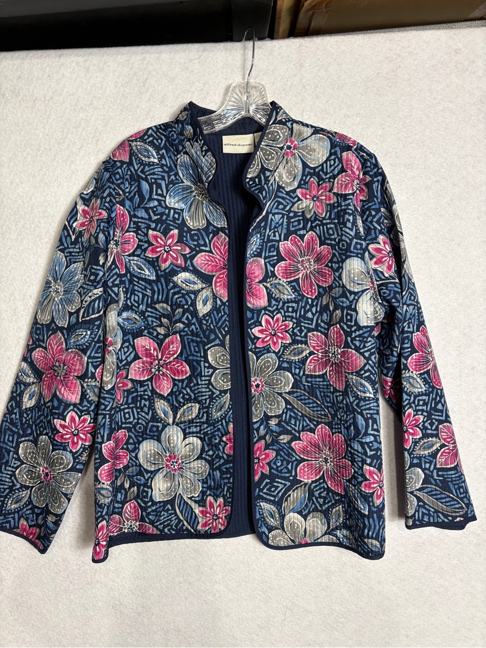 Alfred Dunner Navy Quilted Blazer with Pink & Cream Floral Print